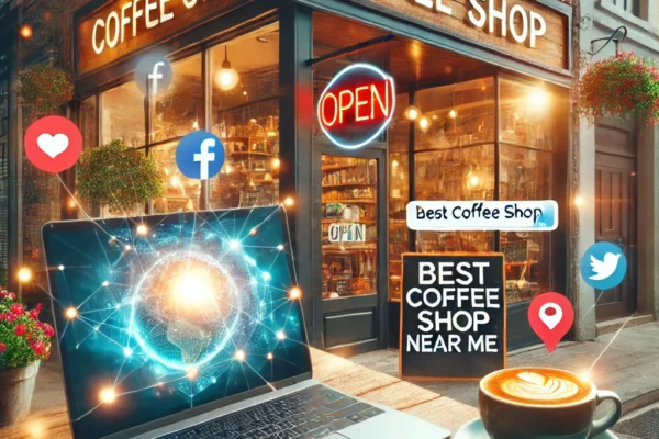 dall·e 2024 12 05 13.04.54 a visually engaging image representing local digital marketing for small businesses. the image includes a cozy coffee shop storefront with a bright op (1)